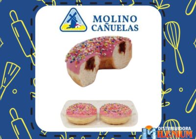 DONUT CON BAÑO DE CHOCOLATE ROSA, CON GRANAS DE COLORES Y RELLENO DE DULCE DE LECHE MOLINOS CAÑUELA